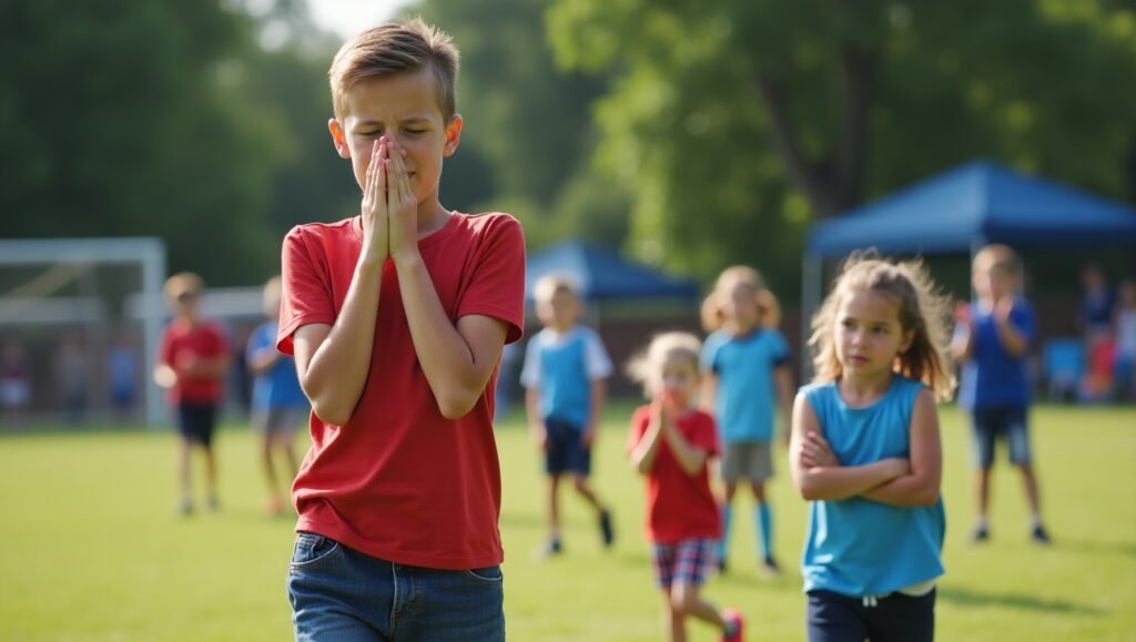 Realistic image of a parent cheering loudly at a youth sports game while their embarrassed child cringes on the field.
