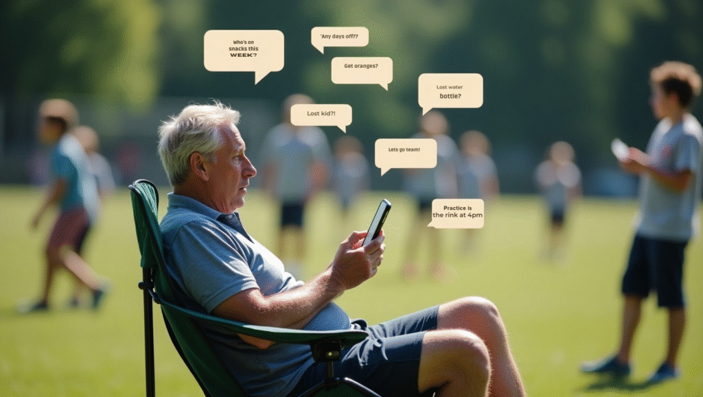A youth sports parent overwhelmed by chaotic team chat notifications during a game, holding their phone while surrounded by floating message bubbles.