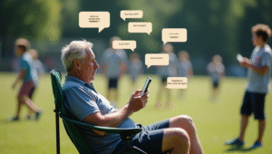 A youth sports parent overwhelmed by chaotic team chat notifications during a game, holding their phone while surrounded by floating message bubbles.