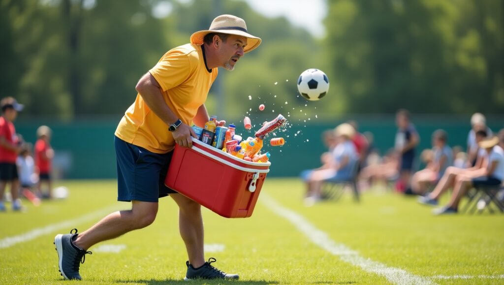 Stressed sports parent carrying an overloaded snack cooler at a youth sports field with kids in the background
