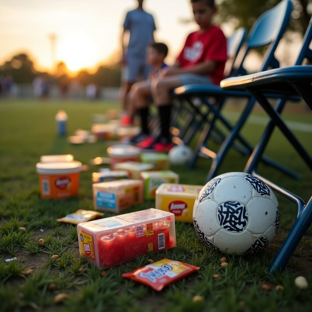Youth sports field littered with snack trash, juice boxes, and sports gear after a long tournament day

