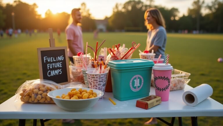 Youth sports snack table split between Pinterest-perfect and total disaster, with parents silently judging.