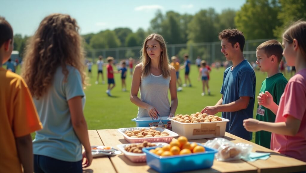 Sideline snack table war zone with parents quietly battling over labeling, presentation, and snack superiority.
