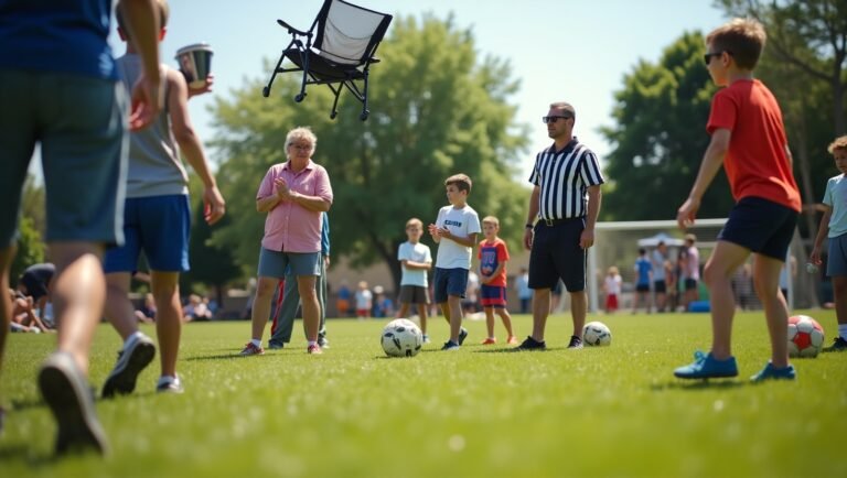 A hyper-realistic youth sports sideline scene with parents yelling, clapping, throwing chairs, livestreaming, and glaring — all during a chaotic game with kids playing in the background and snacks spilled across the grass.