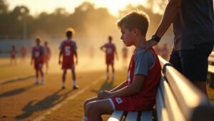 Youth lacrosse player looking disappointed on the sideline with supportive parent during summer lacrosse tournaments