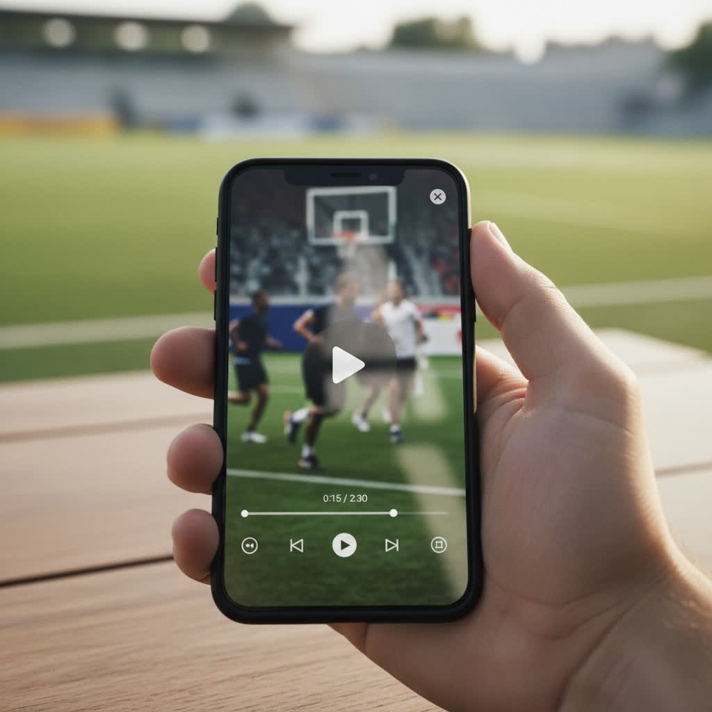 Parent reviewing AI sports camera footage on phone after youth game.
