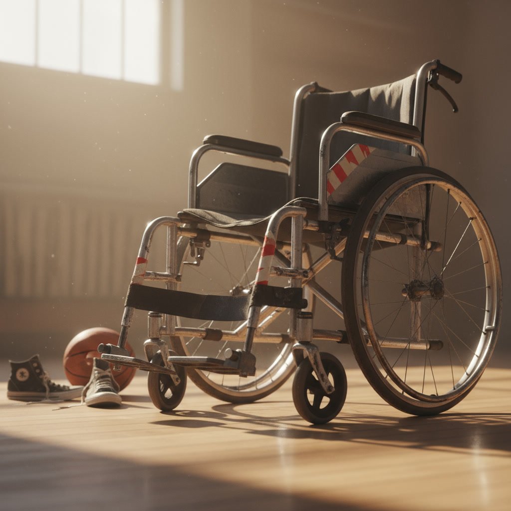 Old worn sports wheelchair in gym corner, symbol of determination and struggle, positive youth sports story.