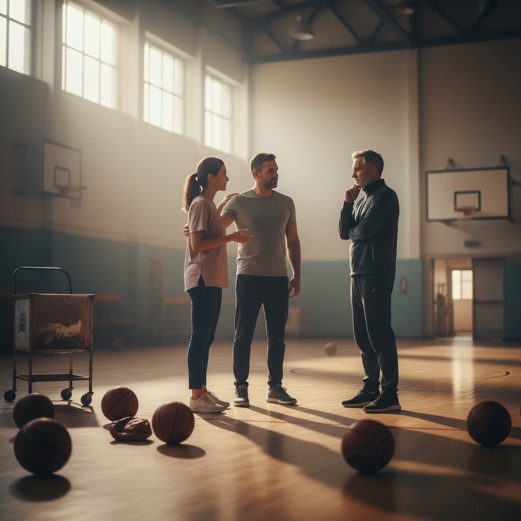 Parents and coach in quiet gym after practice, moment of community support in positive youth sports story.